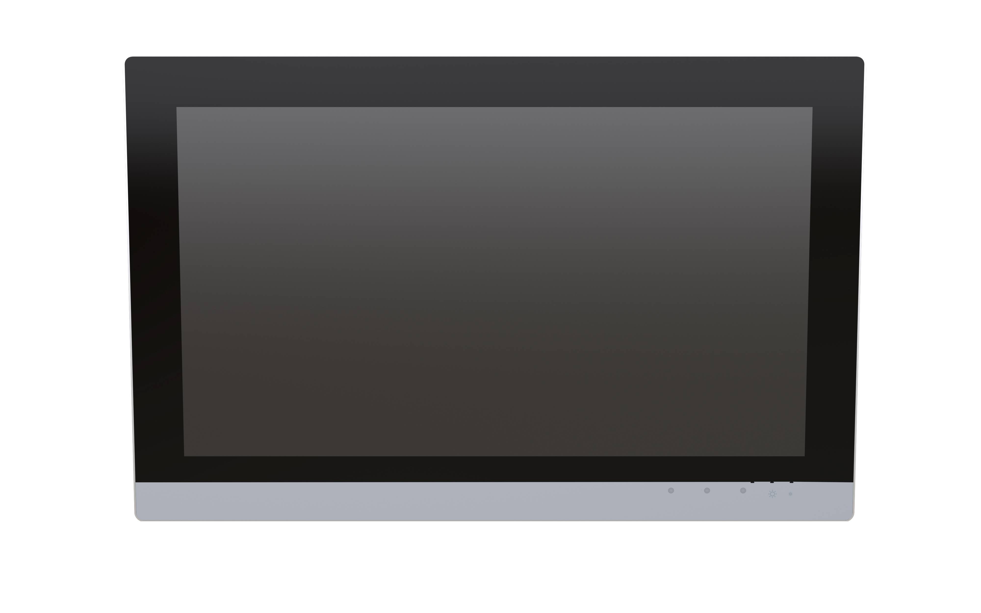 Ein ausgeschalteter schwarz-grauer Flachbildschirm-Computermonitor mit silberner Basis, von vorne betrachtet.
