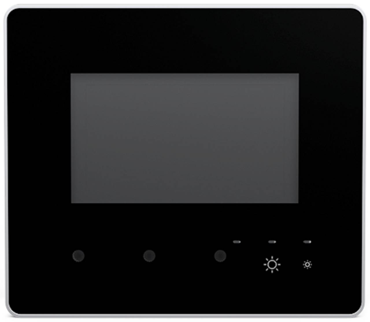 Schwarzes digitales Display mit vier Tasten darunter, einschließlich Helligkeits- und Sonnensymbolen, auf einem rechteckigen schwarzen Panel mit silbernem Rand angebracht.