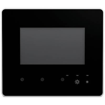 Schwarzes digitales Display mit vier Tasten darunter, einschließlich Helligkeits- und Sonnensymbolen, auf einem rechteckigen schwarzen Panel mit silbernem Rand angebracht.