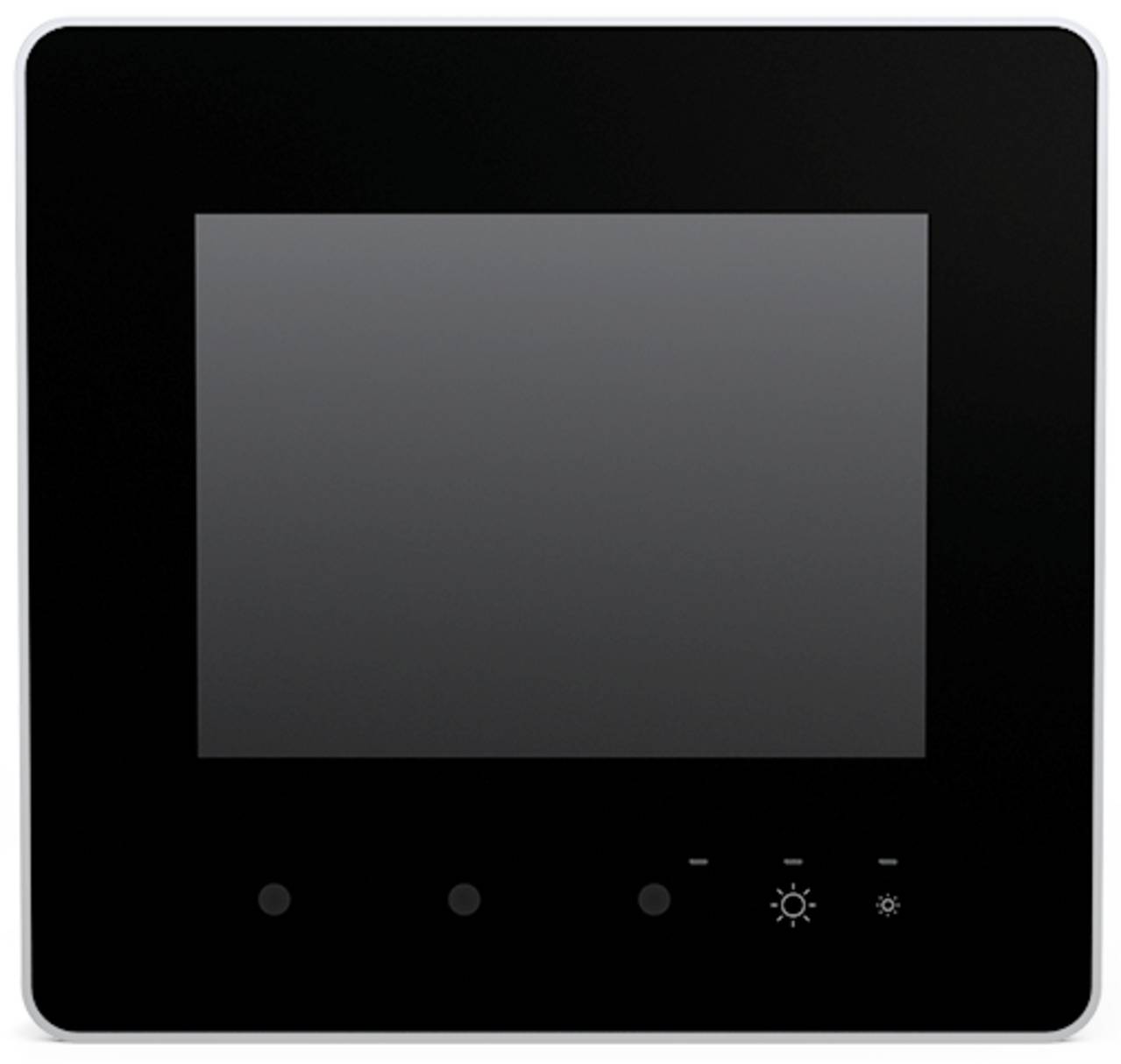 Ein schwarzes digitales Bedienfeld mit leerem Bildschirm und vier Tasten unterhalb, die Sonne- und Schneeflocken-Symbole aufweisen.