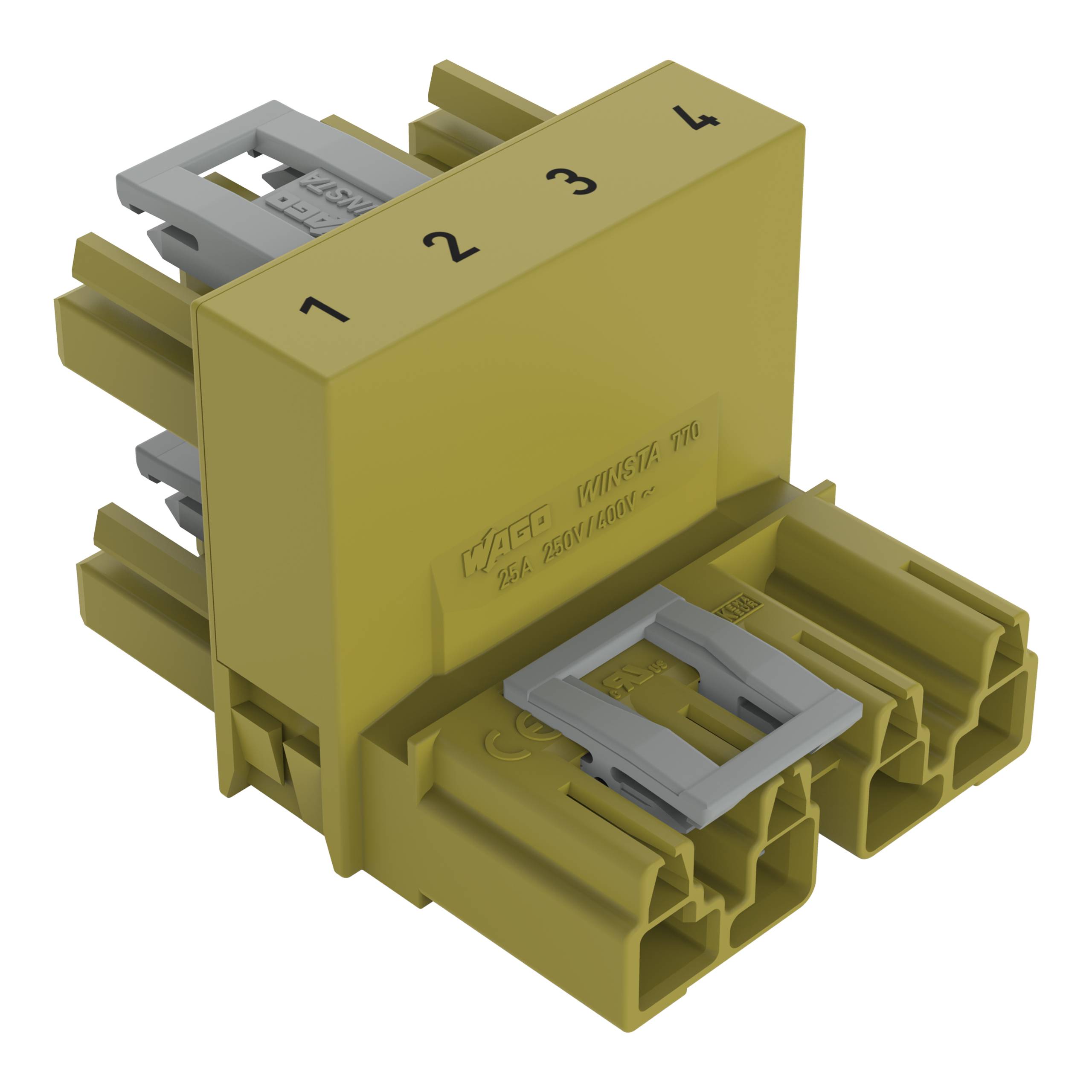 Ein gelber Mehrpol-Stecker mit den Nummern 1 bis 4, einschließlich integrierter Codierfinger und eines Montageträgers, entworfen für sichere elektrische Verbindungen.