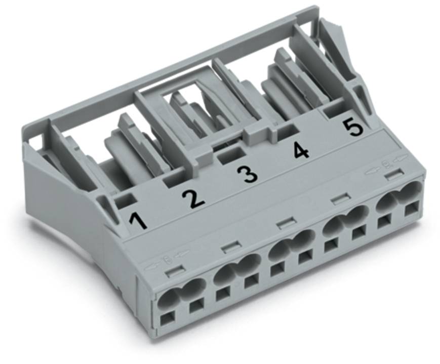 Ein grauer 5-poliger Steckverbinder mit nummerierten Anschlüssen von 1 bis 5, entwickelt für Verdrahtungs- und elektronische Anwendungen.