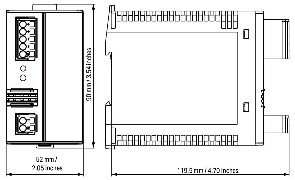 'Technisches Diagramm eines Geräts, das Vorder- und Seitenansichten mit Abmessungen zeigt: 90 mm (3,54 Zoll) Höhe, 52 mm (2,05 Zoll) Breite und 119,5 mm (4,70 Zoll) Tiefe.'