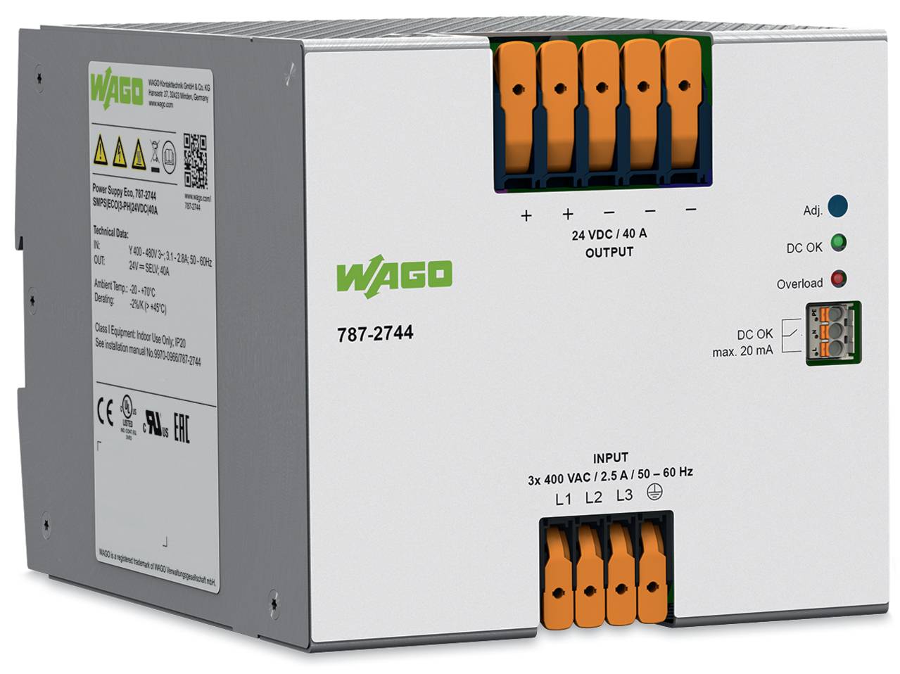 „WAGO 787-2744" Stromversorgungsgerät, Vorderansicht mit beschrifteten Ein-/Ausgabeanschlüssen, Regelungs- und Anzeigelampen.