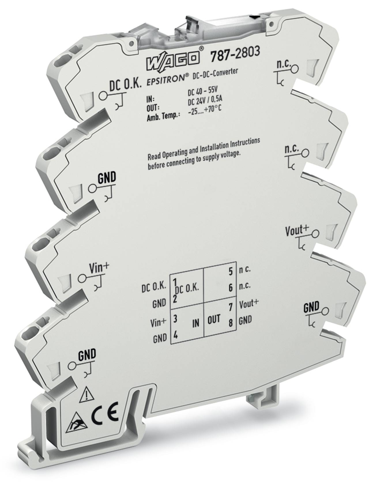 Gleichspannungswandler mit Kennzeichnung „WAGO 787-2803" angezeigt. Eingänge mit „Vin+" und „Vin-" gekennzeichnet; Ausgänge „Vout+" und „Vout-". Betriebsspannung: DC 24V 0,5A.