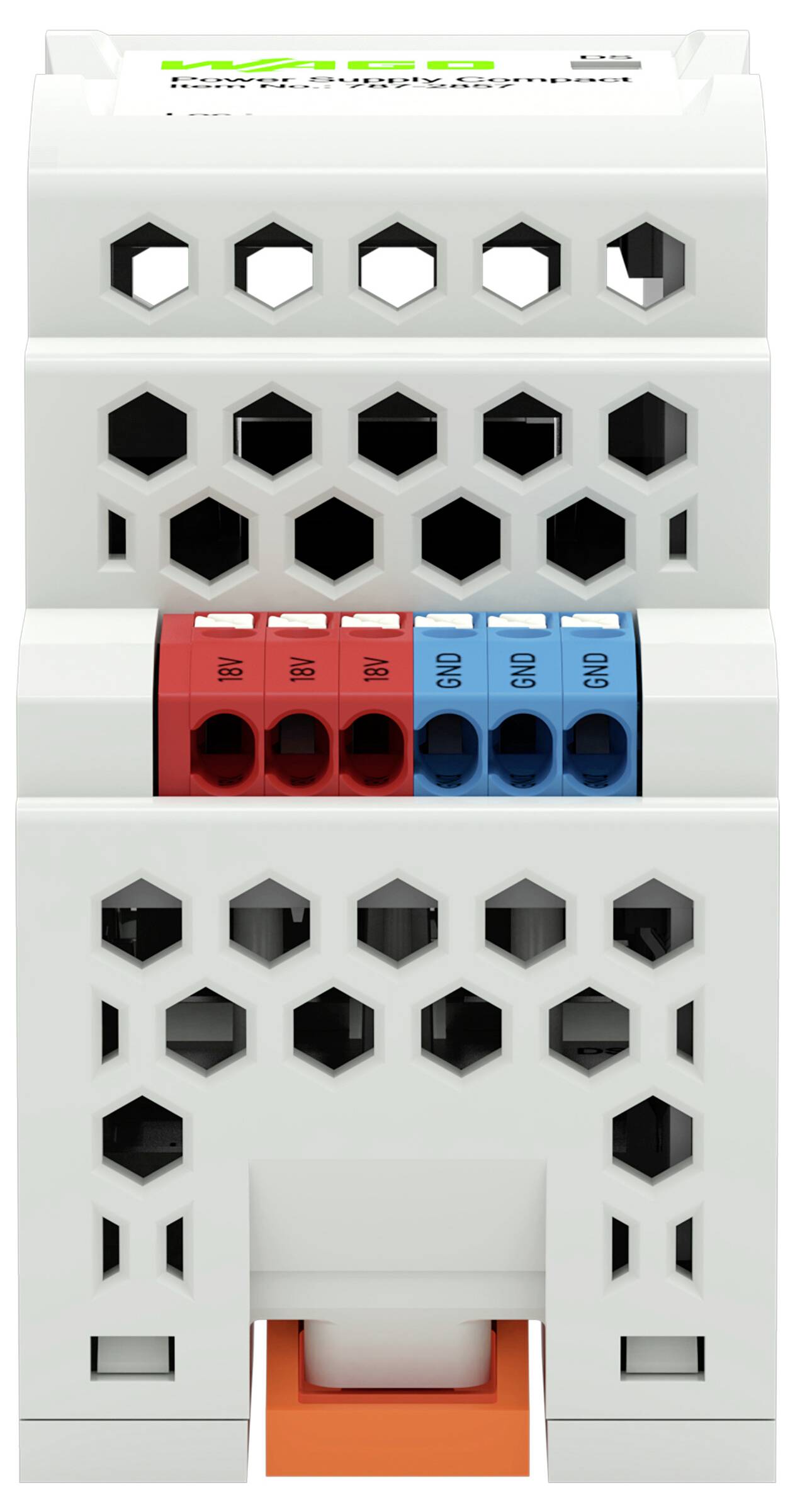 Elektrische Komponente mit sechseckigen Belüftungslöchern und farbigen Anschlüssen, einschließlich roter, weißer und blauer Abschnitte.