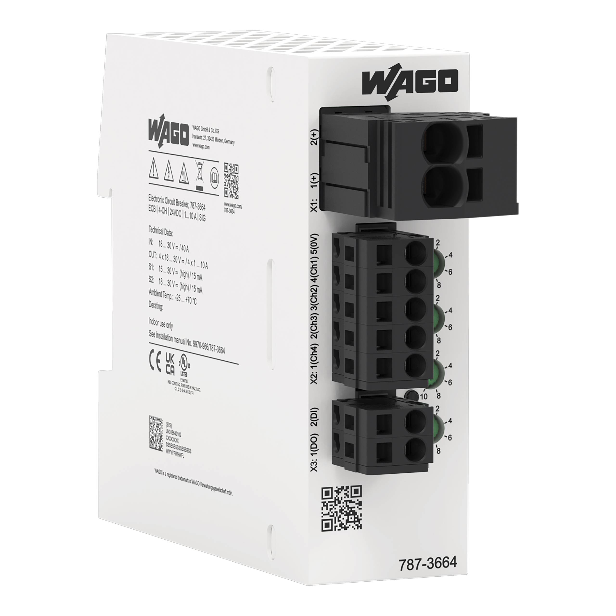 Weißes elektronisches WAGO-Stromversorgungsmodul mit beschrifteten Anschlüssen, Produktnummer '787-3664'.
