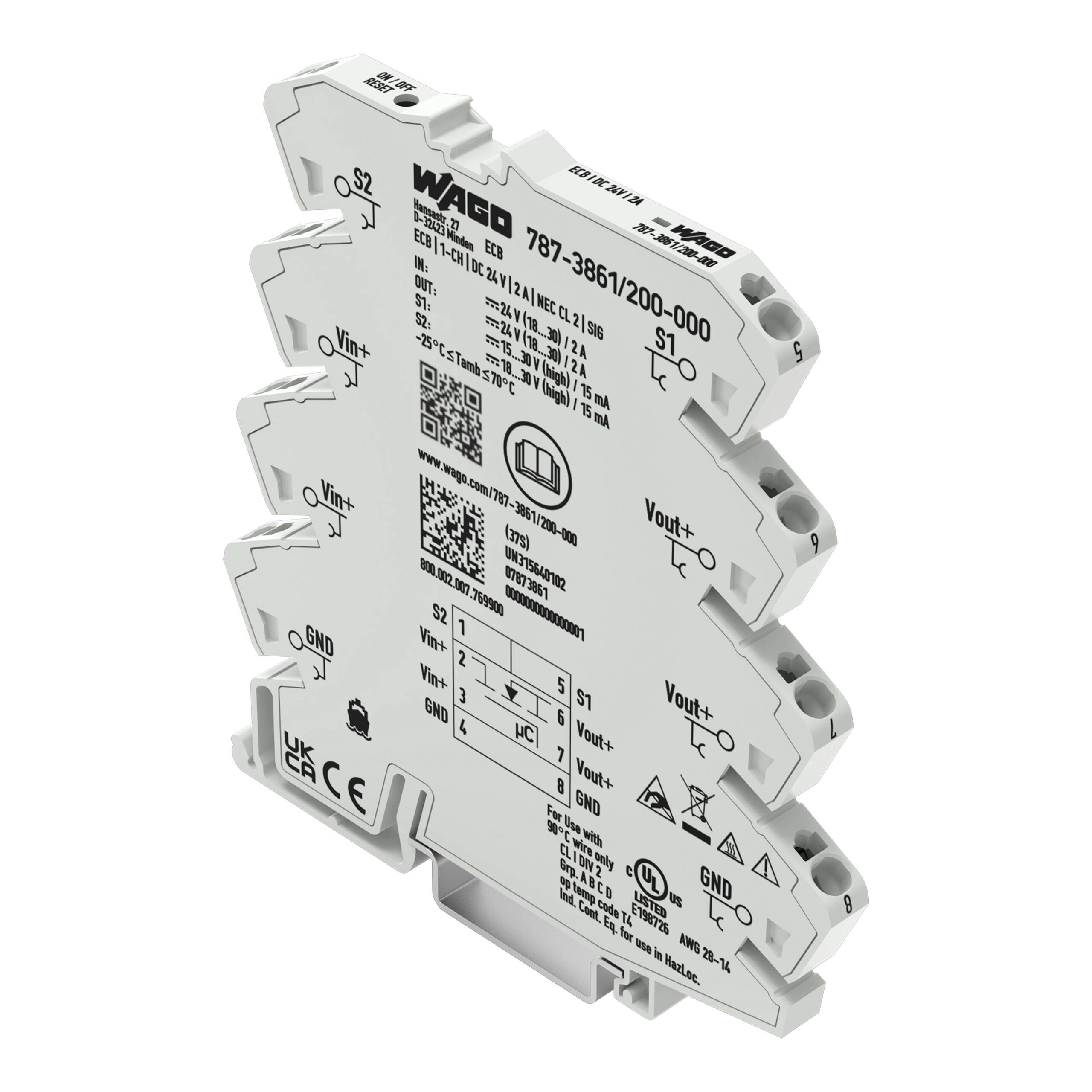 Ein weißes elektronisches Modul mit mehreren Anschlüssen, beschriftet mit "WAGO" und "787-3861/200-000". Zeigt Spezifikationen und Zertifizierungssymbole an.