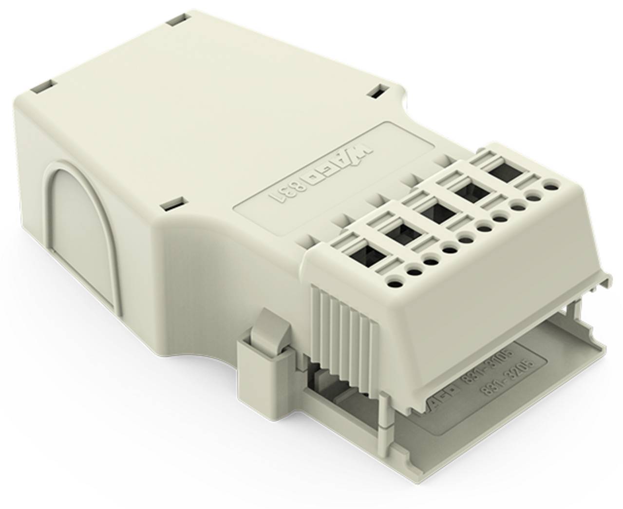 Ein beiges Elektrogehäuse mit mehreren Anschlussanschlüssen an der Vorderseite und "ABB LEVA" eingeprägt auf der Oberseite.