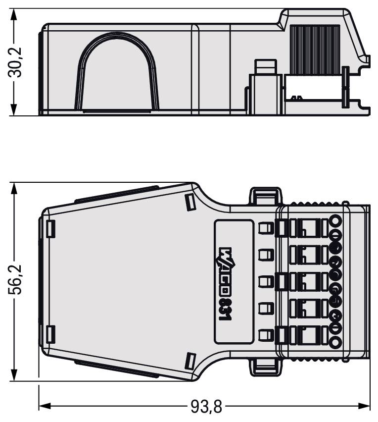 Technische Zeichnung eines WAGO-Steckers, Seiten- und Draufsicht. Abmessungen: 30,2 mm Höhe, 56,2 mm Breite, 93,8 mm Länge.