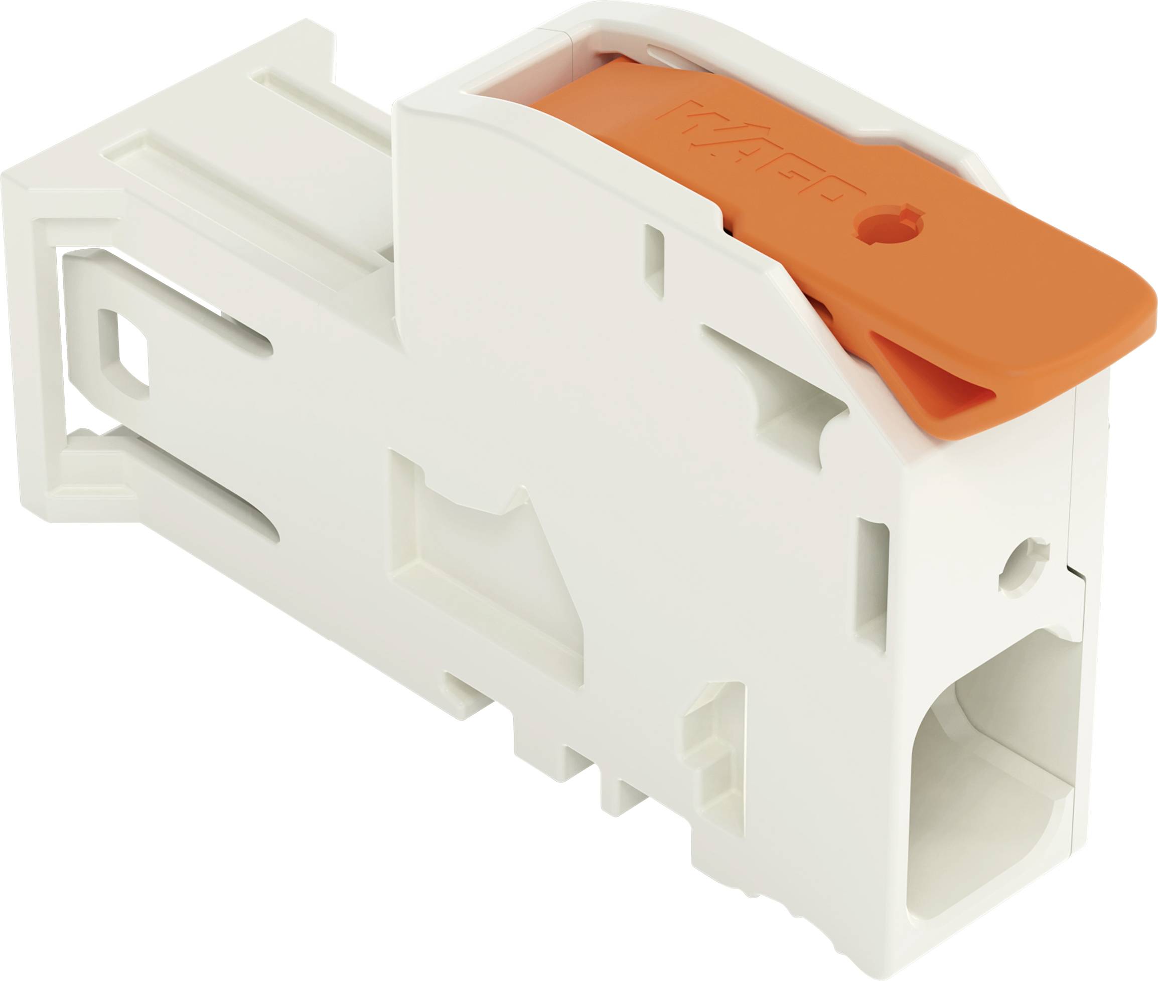 Ein weißer und oranger Elektrostecker mit einem Hebel, der bei der Verkabelung für sichere Elektroverbindungen verwendet wird.