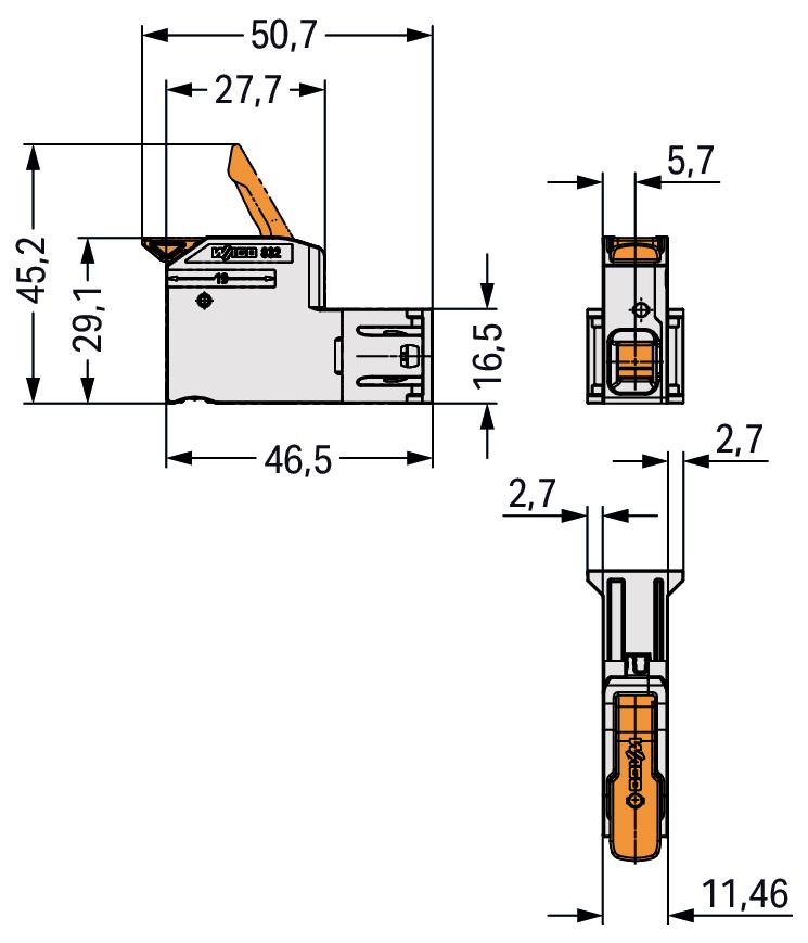 Technische Zeichnung einer elektrischen Komponente mit Abmessungen: 50,7 mm Breite, 45,2 mm Höhe und 46,5 mm Tiefe. Orangener Hebel hervorgehoben.