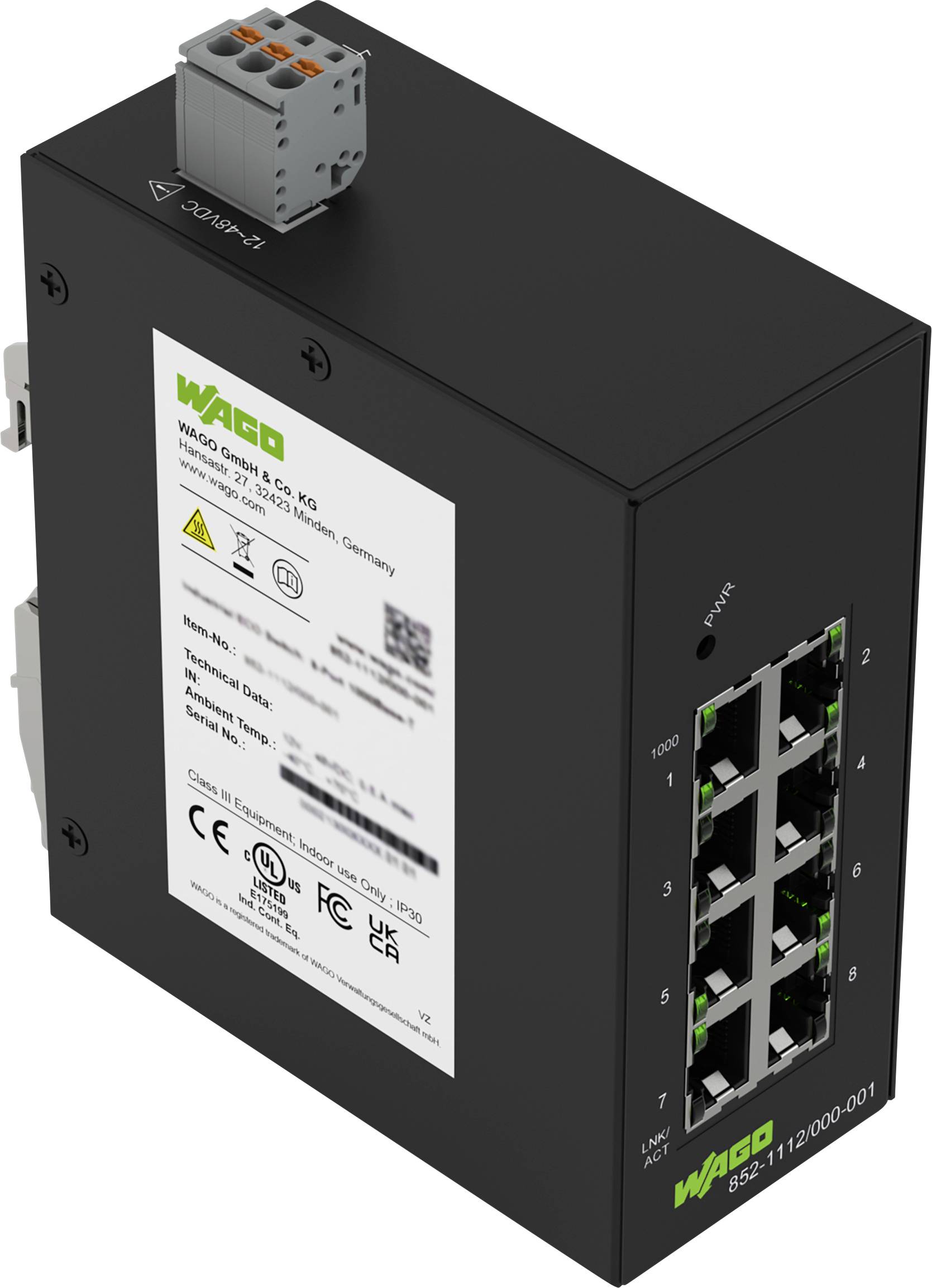Ein schwarzer Netzwerk-Switch mit acht Ethernet-Anschlüssen mit den Bezeichnungen 1-8 und einem angeschlossenen Stromstecker. Das WAGO-Markenlogo und technische Beschriftungen sind sichtbar.