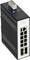 Industrie-Ethernet-Switch mit acht RJ45- und zwei SFP-Anschlüssen, schwarzes Gehäuse und Anschlussklemme für DIN-Schienenmontage.