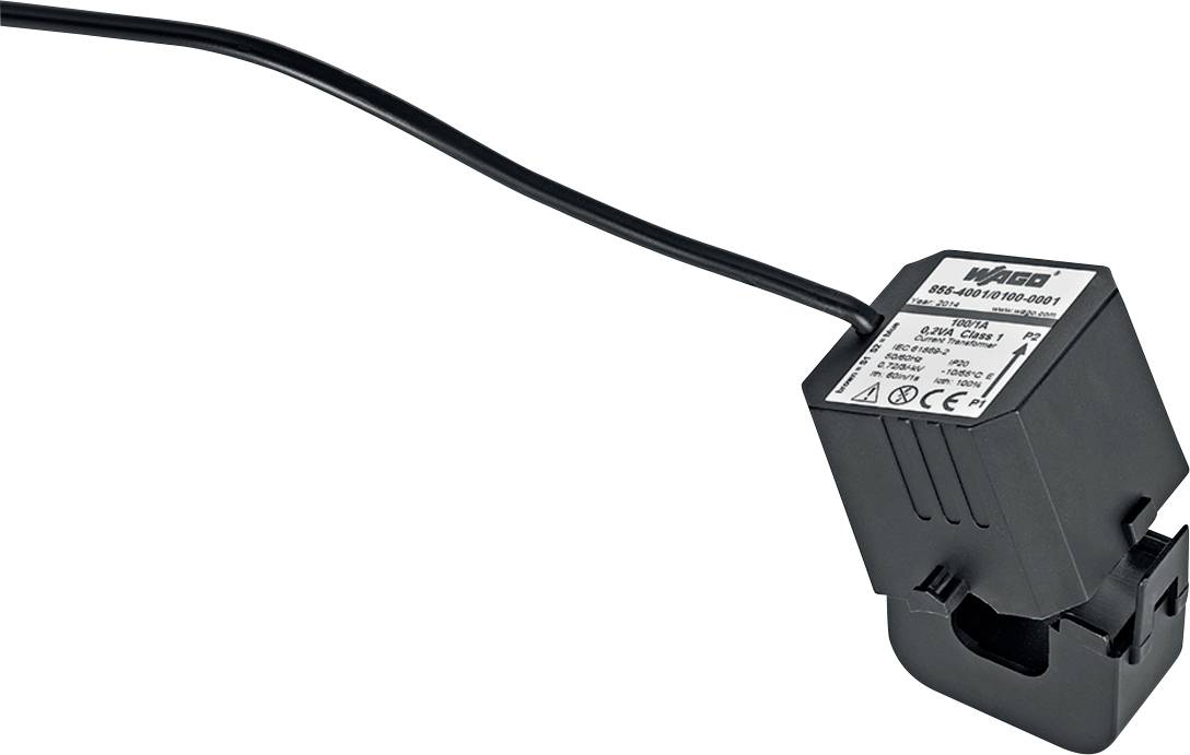 Eine schwarze Stromzangensonde mit angeschlossenem Kabel, konzipiert für schnelle und einfache Messung von elektrischen Strömen, verfügt über Etiketten zur Modellidentifizierung.