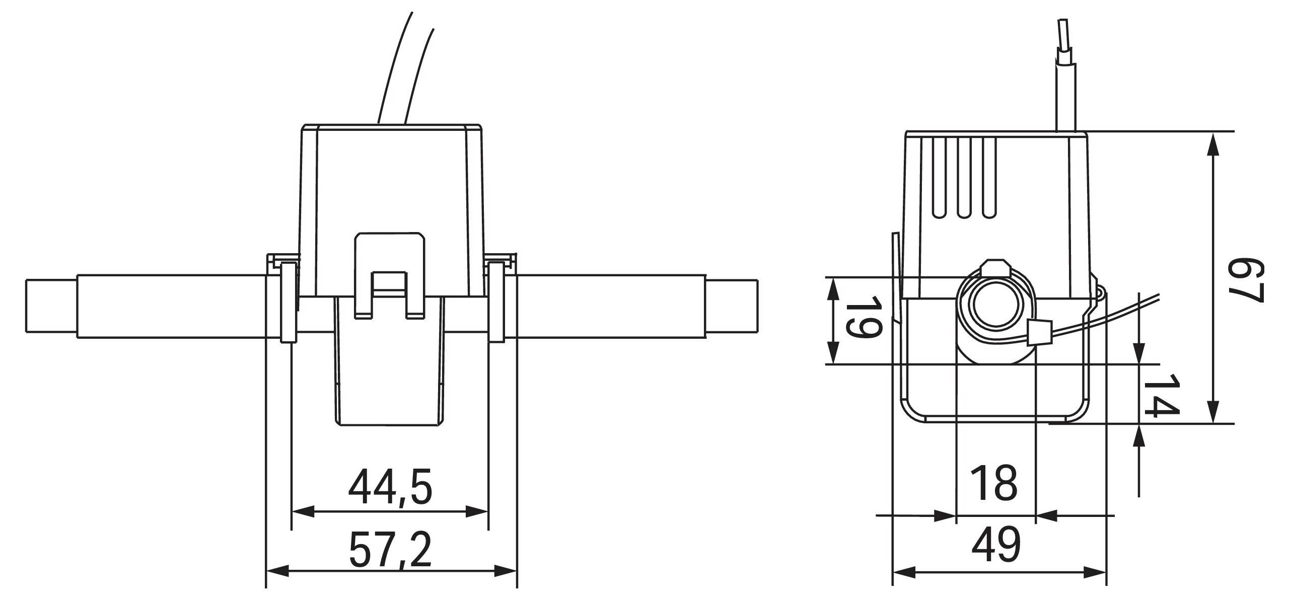 Ein detailliertes technisches Diagramm einer Pumpe mit Abmessungen: Höhe 67 mm, Breite 49 mm und weiteren wichtigen Messwerten, die als Referenz gekennzeichnet sind.