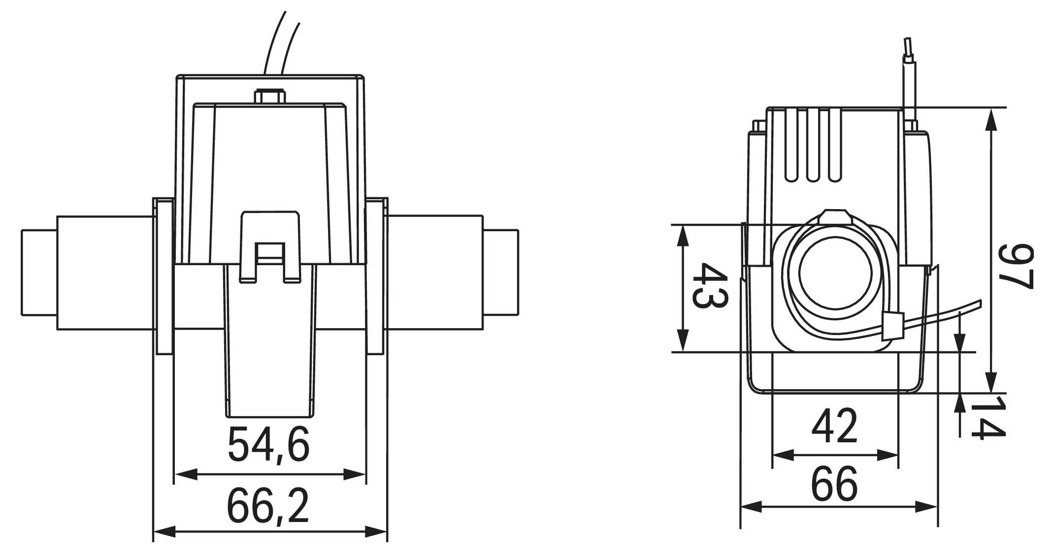 Technische Zeichnung eines Ventilstellantriebs mit Vorder- und Seitenansicht mit gekennzeichneten Abmessungen: 66,2, 54,6, 66, 42, 43 und 97 mm.