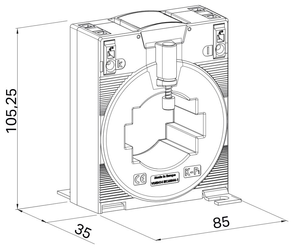 Eine technische Zeichnung eines elektrischen Geräts mit Griff, beschriftet mit „K-P1", Abmessungen 105,25 mm × 85 mm × 35 mm, CE-gekennzeichnet, hergestellt in Europa.
