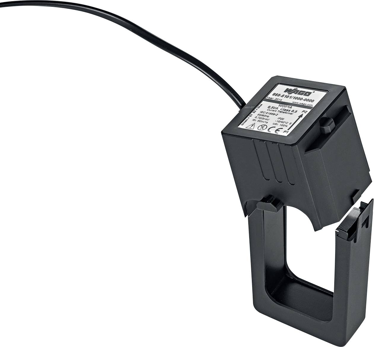 Ein schwarzer aufsteckbarer Stromwandler mit Kabel, der zur Messung von elektrischen Strömen in Schaltkreisen verwendet wird.