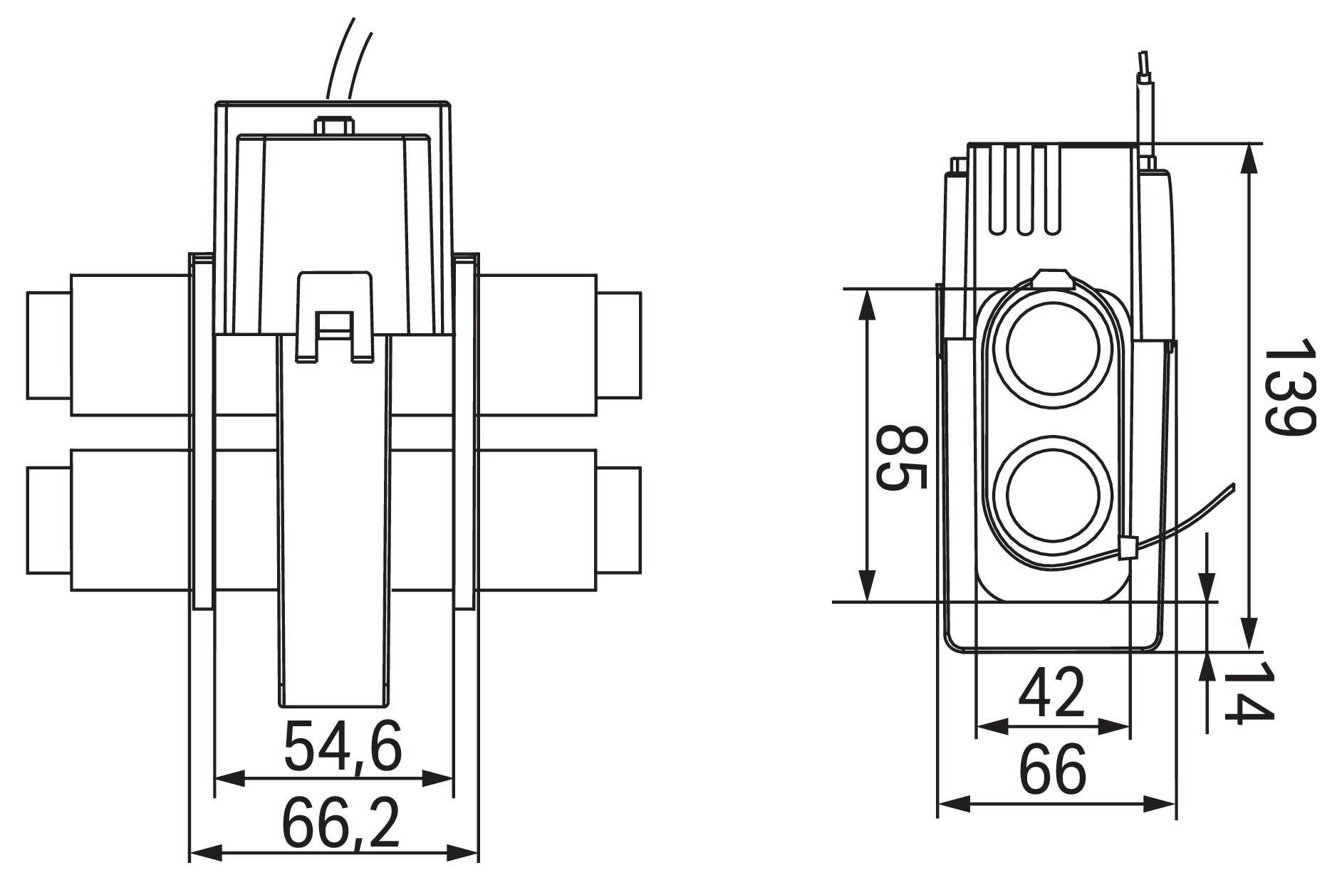 Technische Zeichnung eines mechanischen Bauteils mit Abmessungen: 66,2 mm Breite, 66 mm Länge, 139 mm Höhe. Verfügt über duale Kreiselement und Anschlüsse an den Seiten.