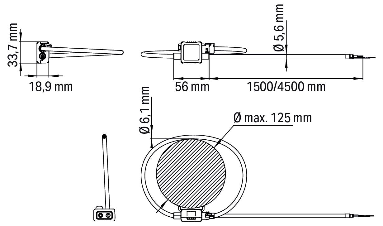 Technische Zeichnung einer Kabelbinder mit beschrifteten Abmessungen; Breite 18,9 mm, Länge 1500/4500 mm, Durchmesser max. 125 mm und weitere Details.