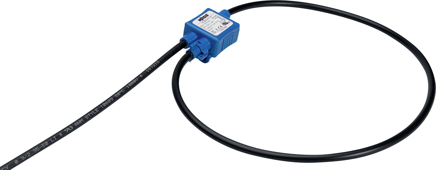 Ein blauer elektronischer Sensor mit einem angeschlossenen schwarzen Kabel.