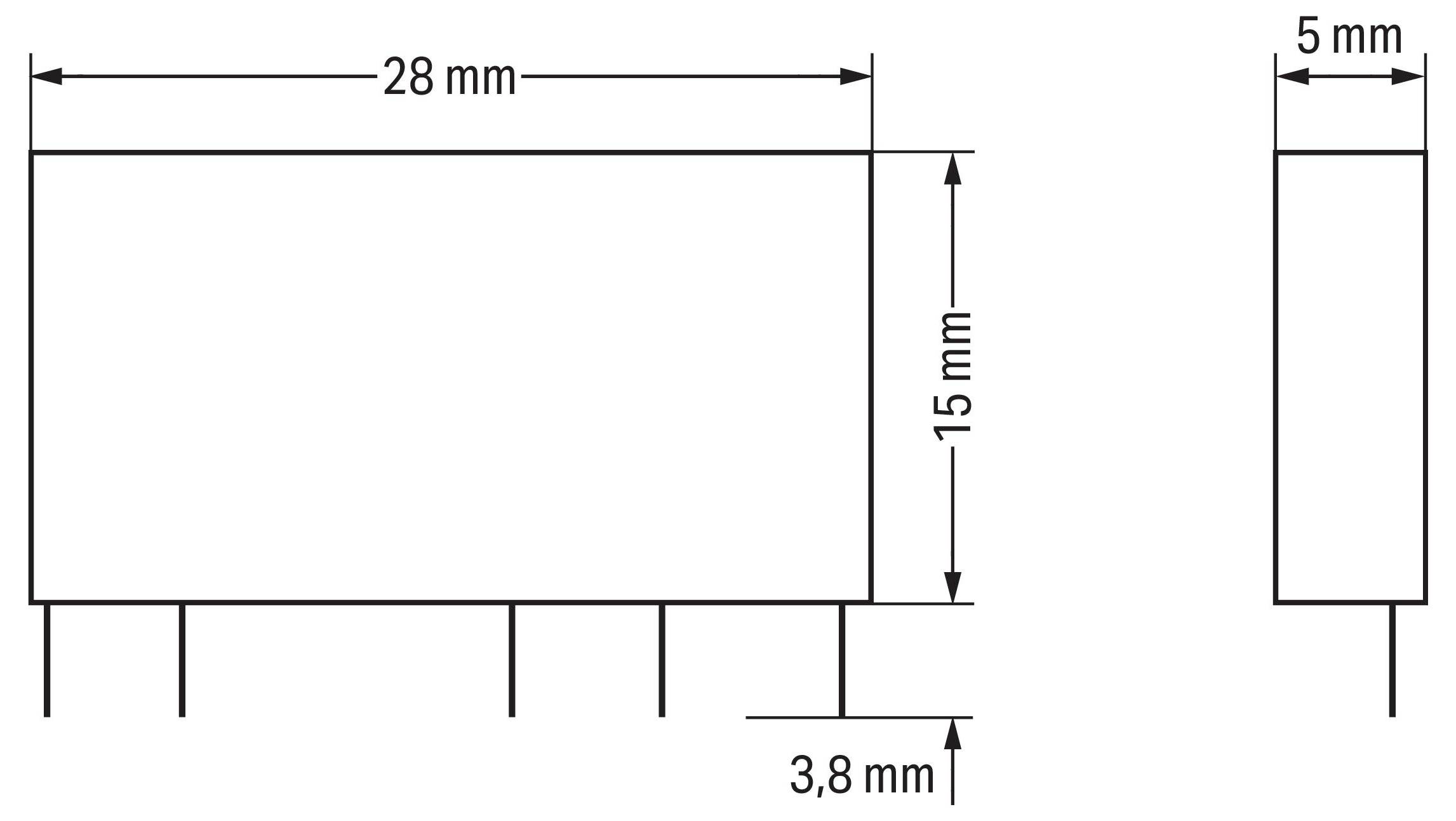 Diagramm zeigt Abmessungen einer rechteckigen Komponente: 28 mm breit, 15 mm hoch, 5 mm tief, mit 3,8 mm Abstand zwischen den Stiften auf der Unterseite.