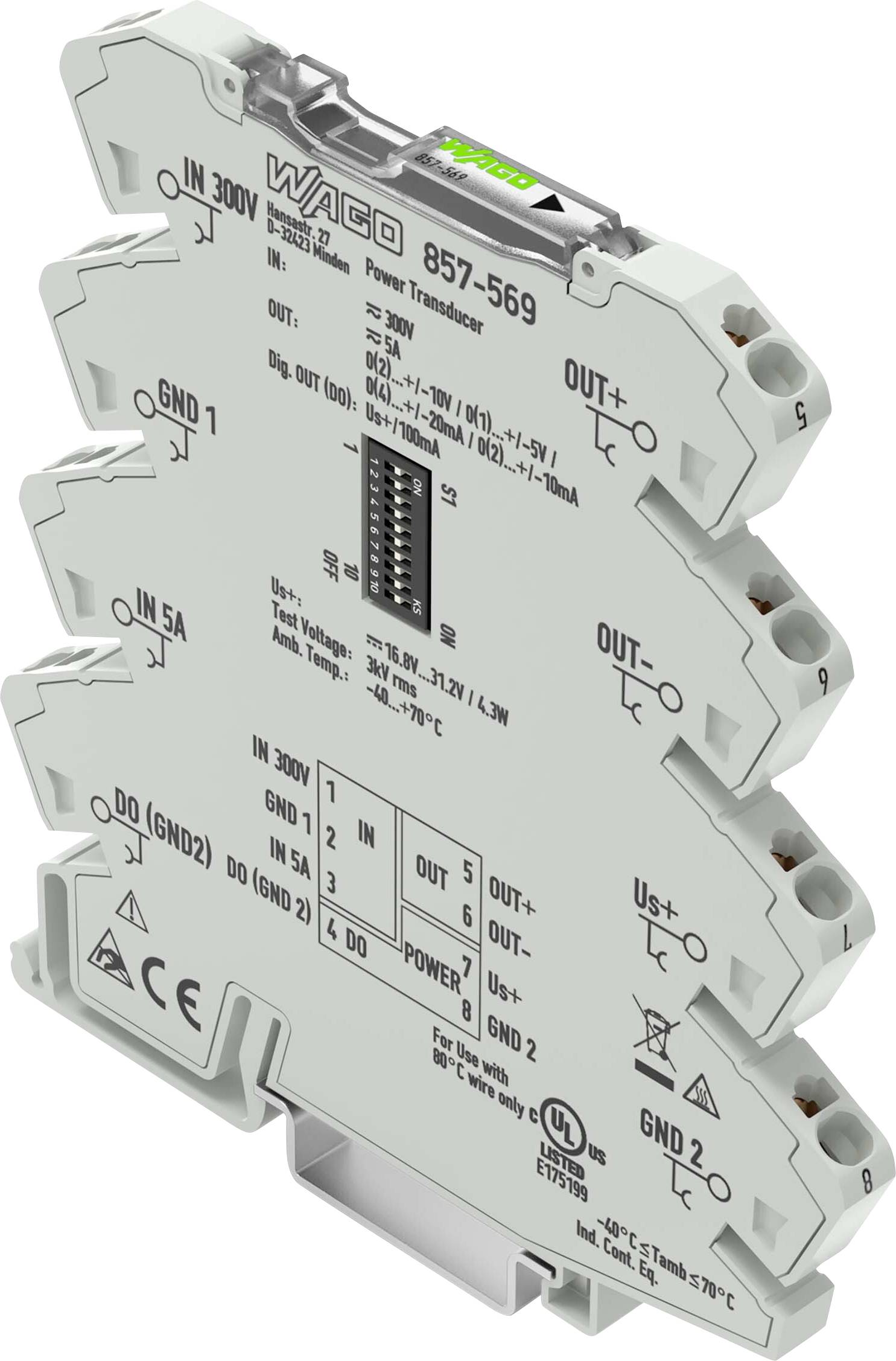 „Ein graues WAGO 857-569 Stromwandlermodul mit gekennzeichneten Ein- und Ausgängen sowie einem Kalibrierfeld, das zur Umwandlung elektrischer Signale verwendet wird."
