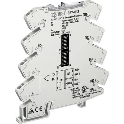 Ein Temperaturwandler mit der Bezeichnung „WAGO 857-812" mit verschiedenen Ein-/Ausgangsverbindungen, bestehend aus Verbindungsdiagrammen und Sicherheitszertifizierungen.