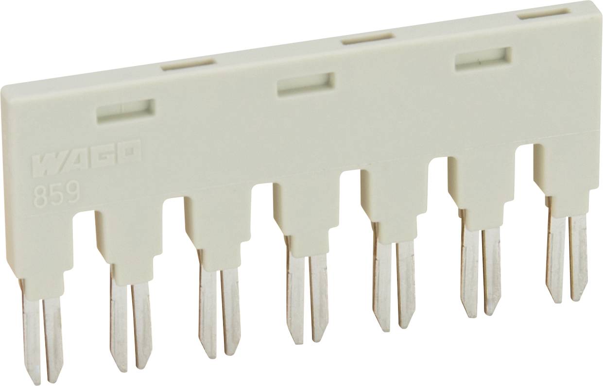 Ein beiger, rechteckiger Elektrostecker mit sieben Metallstiften. Er ist mit „WAGO 859" gekennzeichnet.
