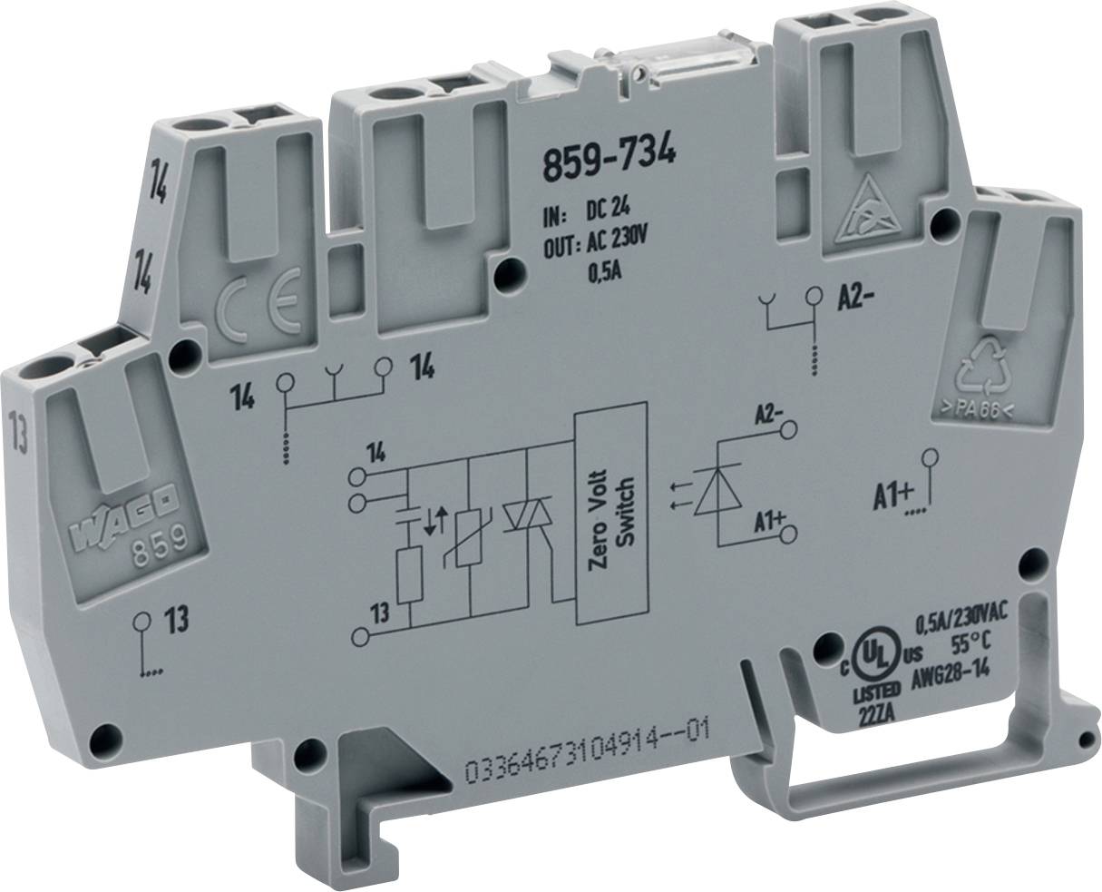 Ein graues Industrie-Relaismodul mit Spezifikationen einschließlich 24V DC-Eingang, 230V AC-Ausgang und 0,5A Stromkapazität.