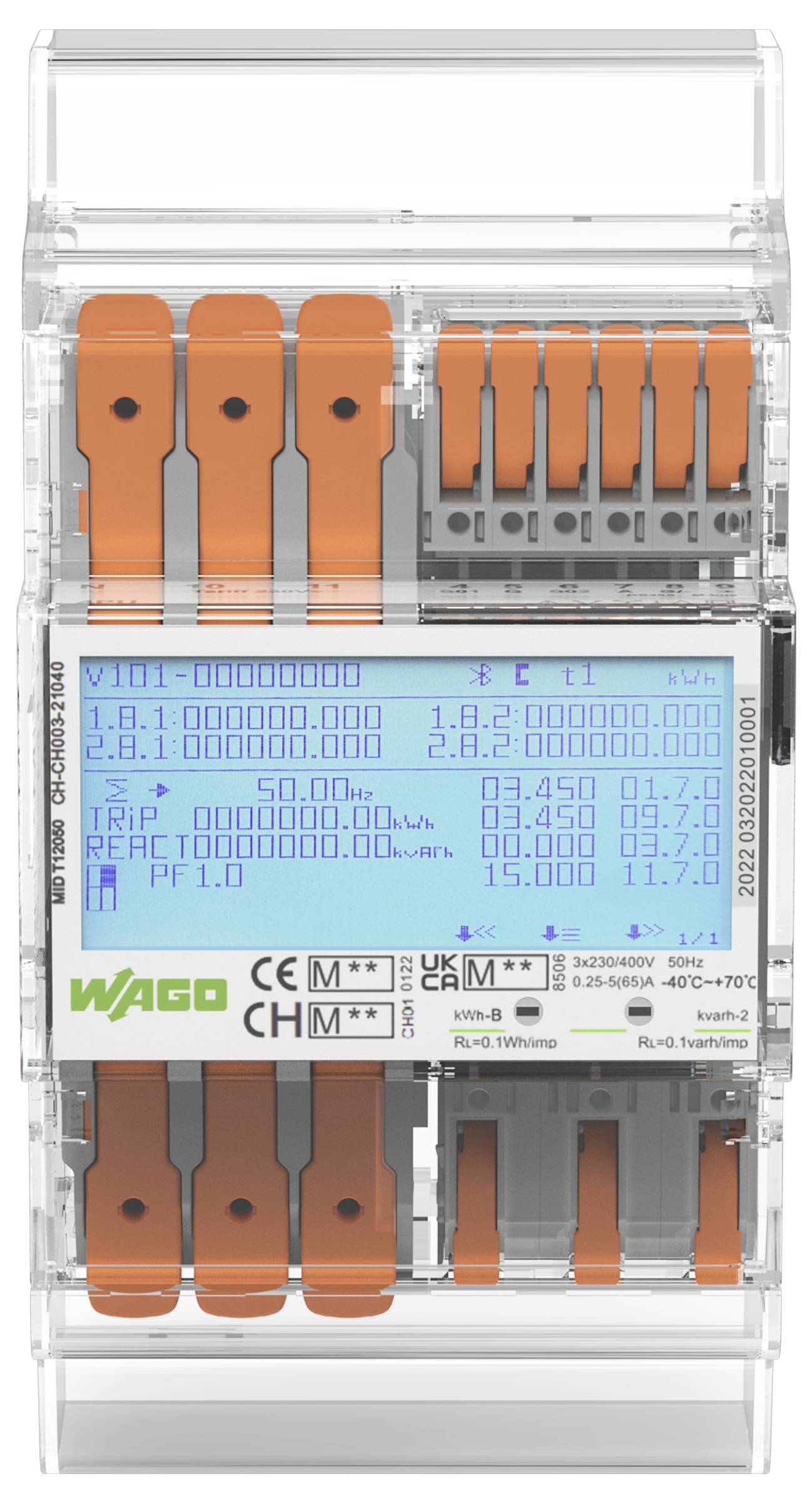 „Wago" markiertes Elektrogerät mit LCD-Bildschirm, das verschiedene Spannungs-, Strom-, Leistungs- und Frequenzmesswerte anzeigt. Orange Anschlüsse sind sichtbar.