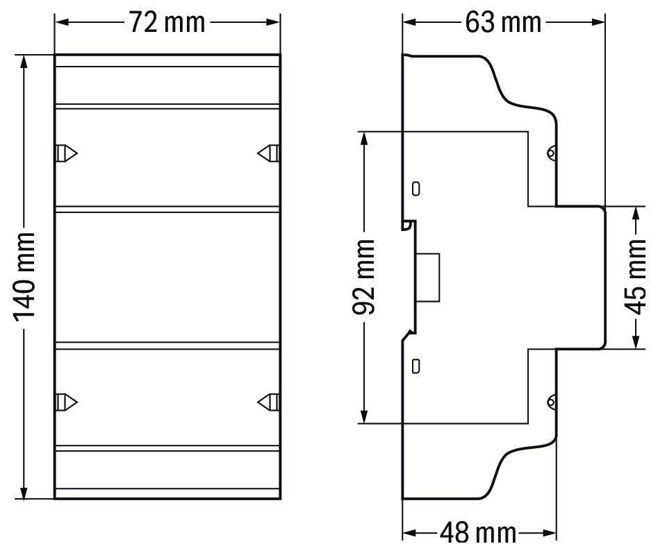 Diagramm zeigt zwei Ansichten einer mechanischen Komponente. Vorderansicht: Höhe 140 mm, Breite 72 mm. Seitenansicht: Gesamthöhe 92 mm, Breite 63 mm, mit einem 45 mm Abschnitt und einem 48 mm Abschnitt.