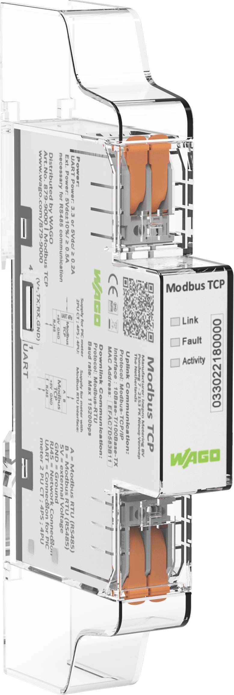Ein Modbus TCP-Modul mit Anschlussanschlüssen, Statusanzeigen mit den Bezeichnungen „Link", „Fault" und „Activity" sowie einem WAGO-Logo.