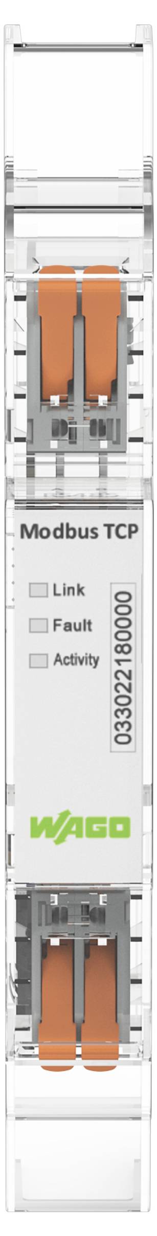 Modbus TCP Modul mit Steckverbindern und Statusanzeigen für Link, Power und Activity sowie WAGO-Branding.