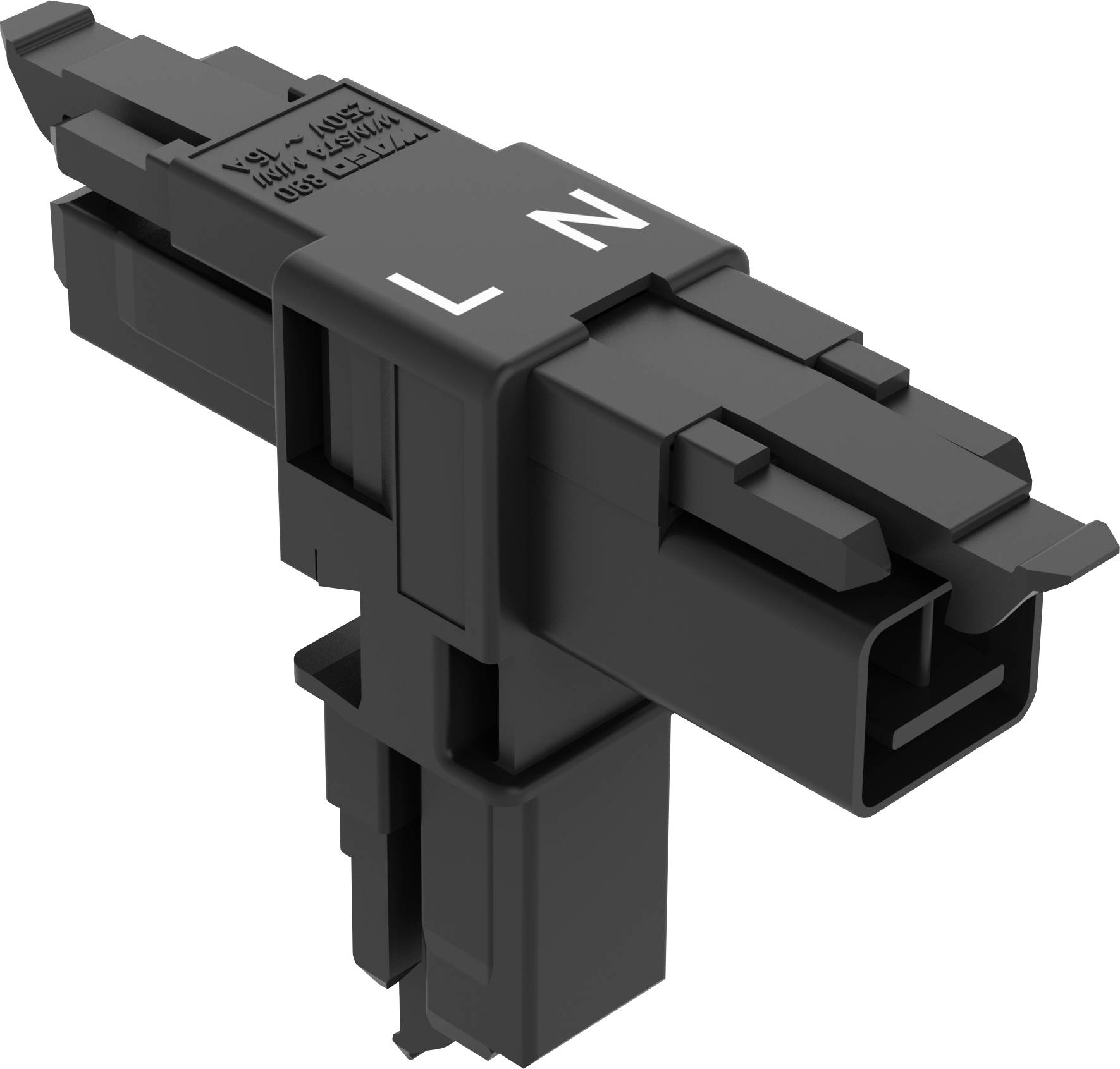 Ein schwarzer L-förmiger Elektrostecker mit den Markierungen „L" und „N", die Leitungs- und Nullleiter-Anschlüsse anzeigen.