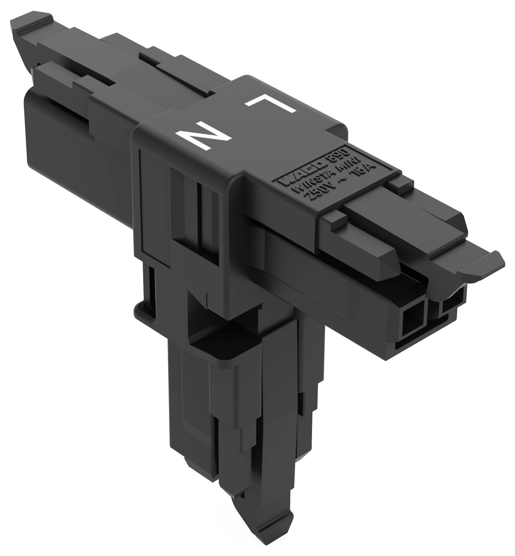 Ein schwarzer Elektrostecker mit beschrifteten Positionen „L" und „N", die Phasen- und Nullleiterverbindungen anzeigen, wird zum Sichern von Verdrahtungsverbindungen verwendet.