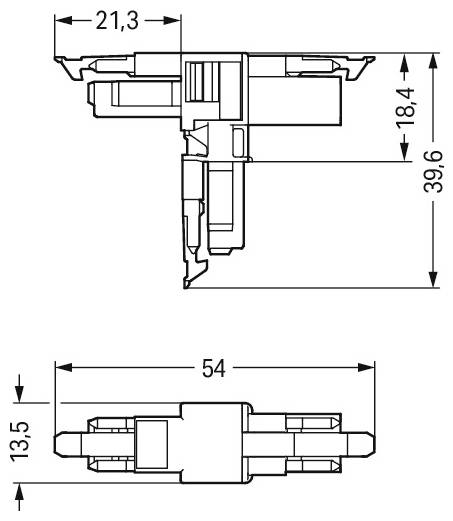 Eine technische Zeichnung zeigt die Seiten- und Draufsicht eines mechanischen Bauteils mit beschrifteten Abmessungen: 21,3, 18,4, 39,6, 13,5 und 54.