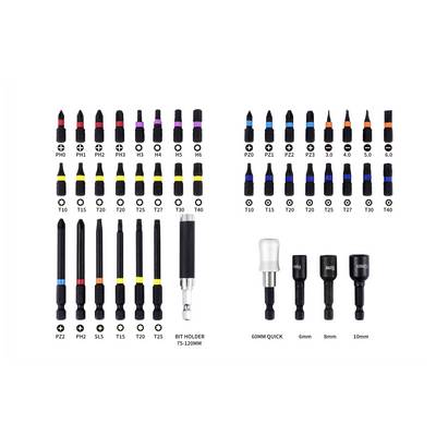 Diagramm von Schraubendreher- und Steckschlüssel-Bits, gekennzeichnet mit Phillips, Pozidriv, Torx, Sechskant und Bithalter-Größen, plus Schnellwechsel-Steckadapter in 60mm, 6mm, 8mm und 10mm.