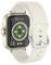 Eine Smartwatch mit beigem Armband, die eine Rückansicht mit grünen Sensorleuchten zeigt und auf der Rückseite den Markennamen 'denver' trägt.