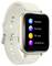 Eine Smartwatch zeigt ein Menü mit Optionen für 'Wetter', 'Laufen', 'Liegestütze' und 'Hampelmänner' an. Die Uhr hat ein cremefarbenes Armband.