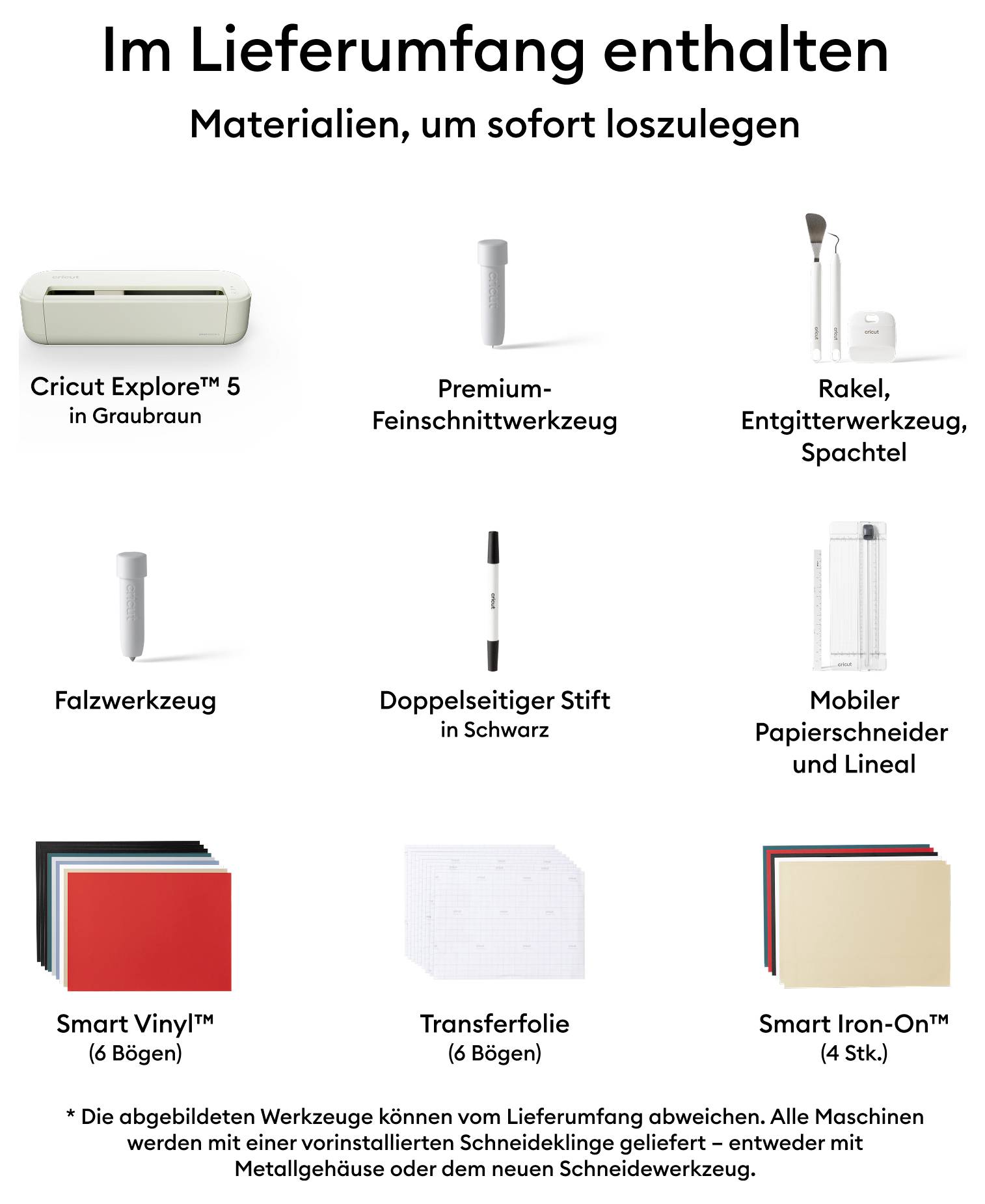 'Im Lieferumfang enthalten: Cricut Explore 5, Premium-Filzschnittwerkzeug, Rakel, Entgitterwerkzeug, Falzwerkzeug, Doppelstift, Lineal, Smart Vinyl, Transferfolie, Smart Iron-On.'