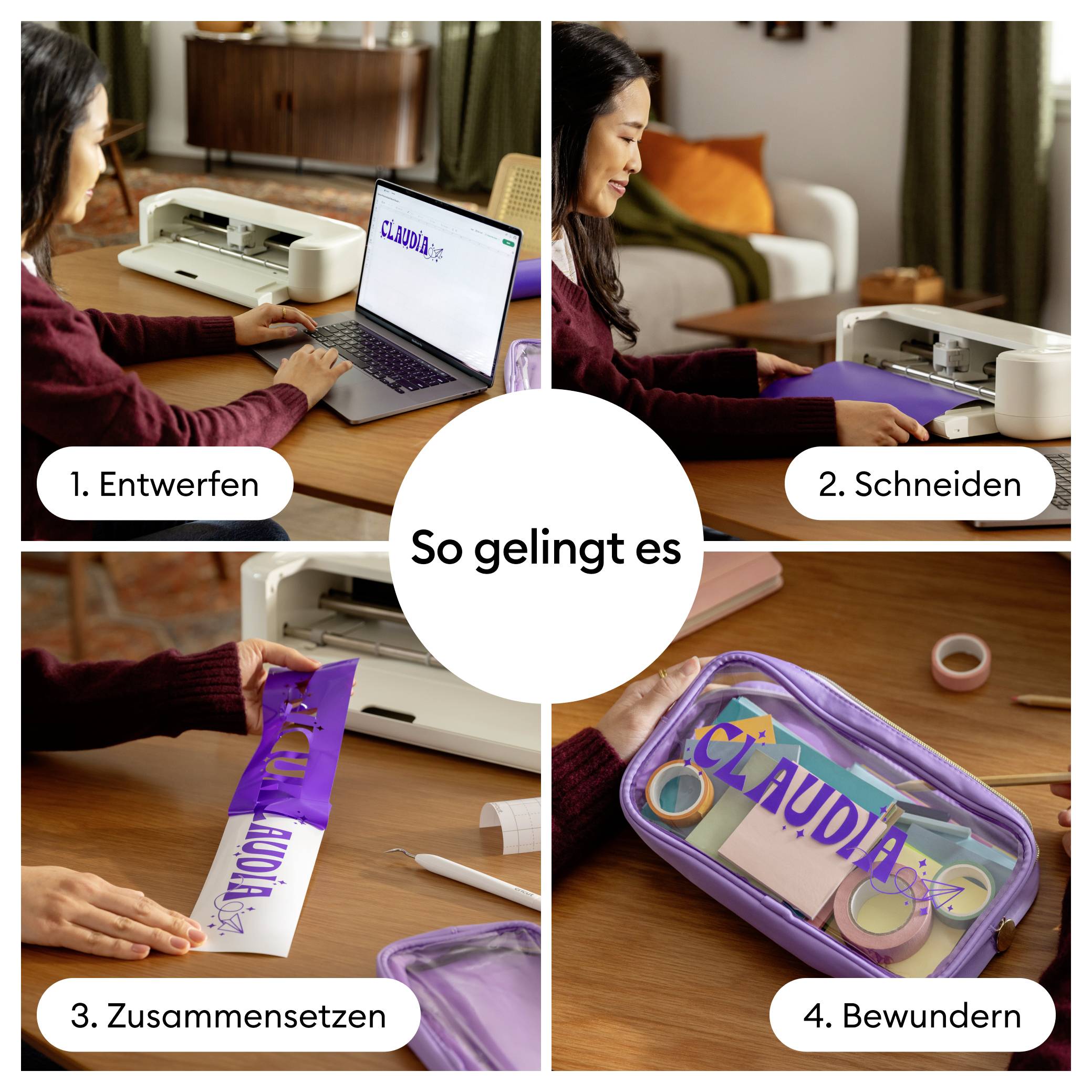 'Frau gestaltet Namen auf Laptop, schneidet Buchstaben aus, setzt sie zusammen und bewundert personalisierte Hülle. Schritte 1-4.'