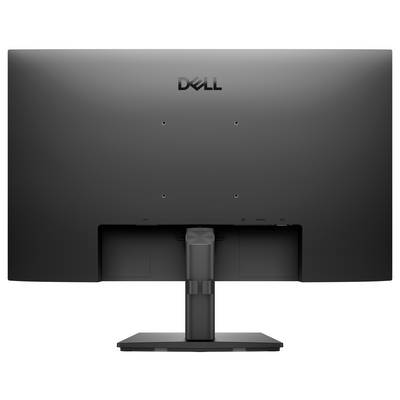 Rückansicht eines schwarzen Dell-Monitors auf einem Ständer, die die Befestigungspunkte und das Kabelmanagement-System zeigt.