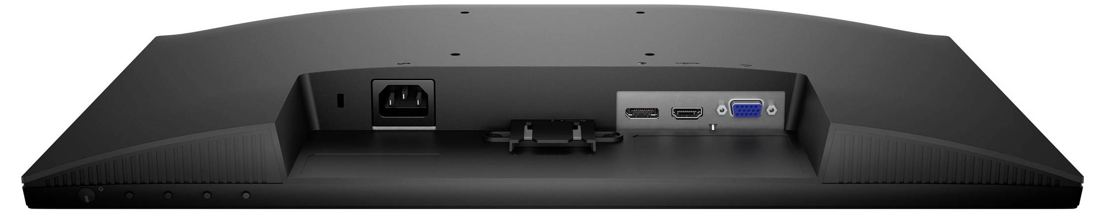 Rückansicht eines Monitors mit Eingabeanschlüssen: Stromstecker, zwei HDMI-Anschlüsse und ein VGA-Anschluss.