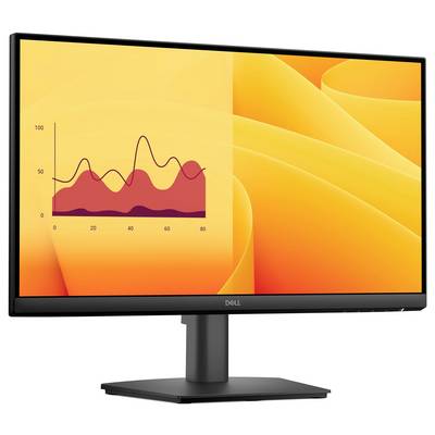 Ein Computermonitor zeigt ein Linien- und Flächendiagramm mit überlappenden roten und rosa Formen auf einem lebendigen gelb-orange abstrakten Hintergrund.