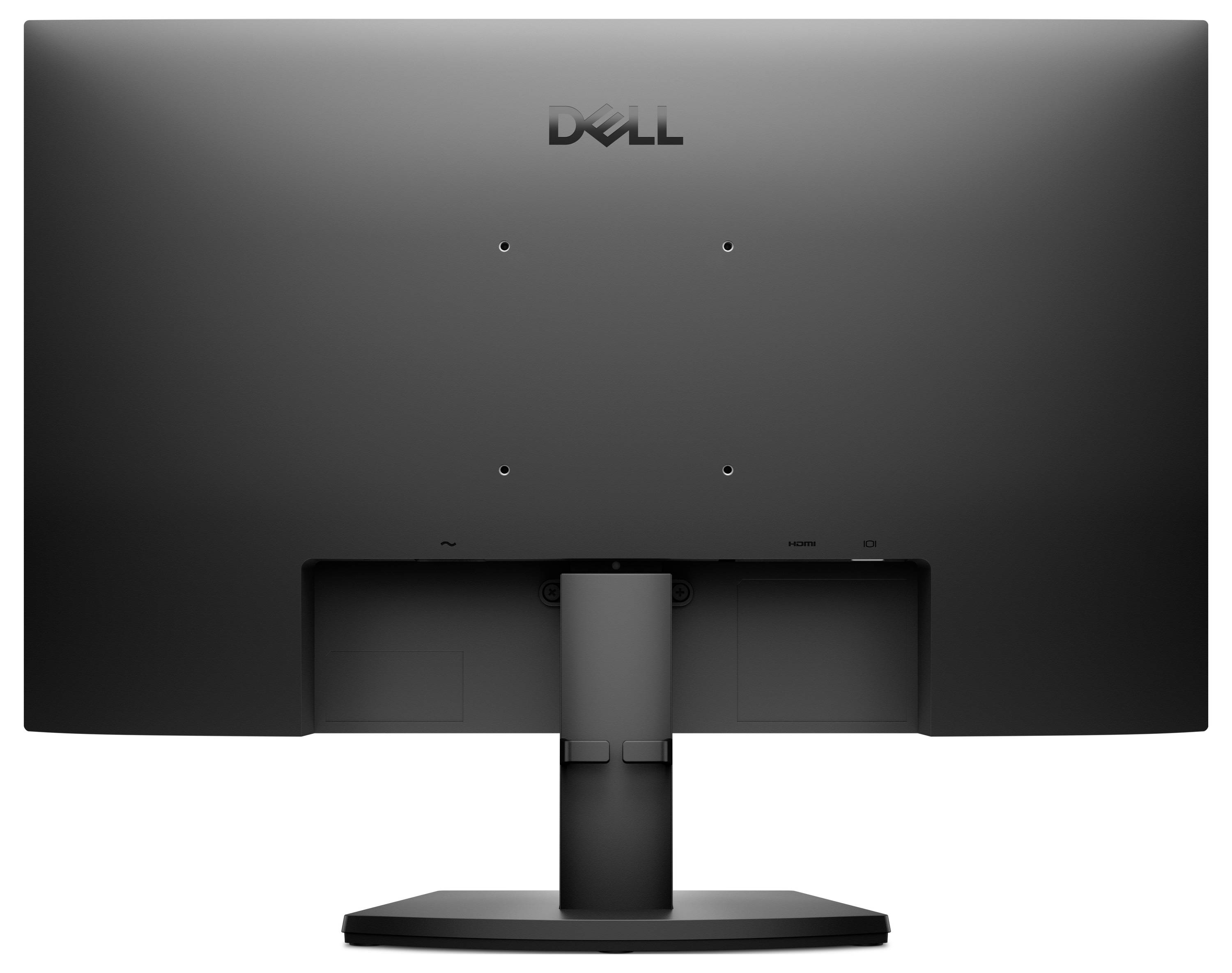 Ein schwarzer Dell-Monitor von hinten betrachtet, der ein schlankes, modernes Design mit einem stabilen Ständer und ohne sichtbare Kabel oder Anschlüsse zeigt.