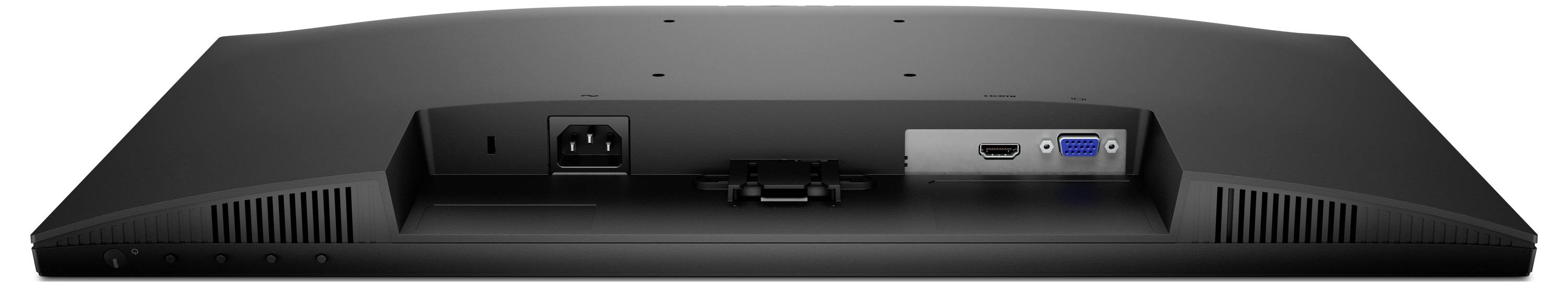 Rückansicht eines Computermonitors mit Strom- und Konnektivitätsanschlüssen, einschließlich HDMI, VGA und Stromsteckdose.