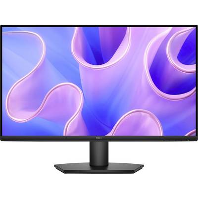 Ein Dell-Computermonitor zeigt einen farbenfrohen abstrakten Hintergrund mit wirbelnden rosa und blauen Formen an.