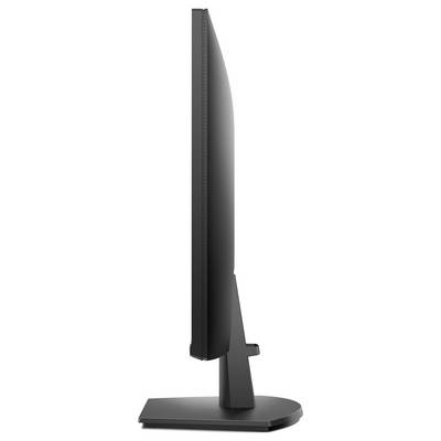 Eine Seitenansicht eines dünnen, modernen, schwarzen Computermonitors mit minimalem Ständer, der sein elegantes und schlankes Profil hervorhebt.
